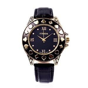 Strada Gold Playing Card Motif Watch Black Croc Embossed Faux Leather Band